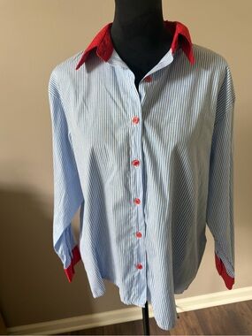 Lavia Blue Pinstripe Button Shirt with Red Accents One Size